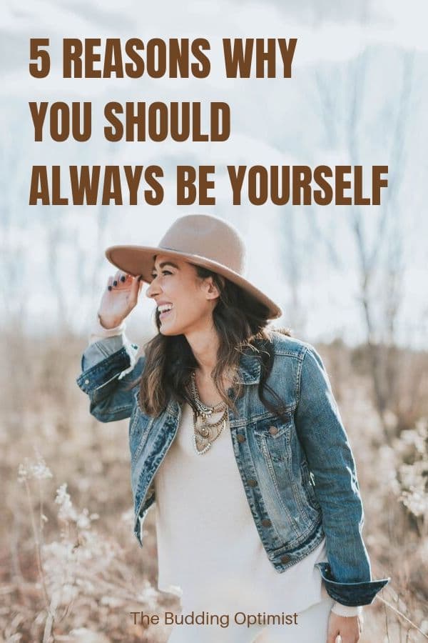 Always be yourself Pinterest image woman wearing a hat and denim jacket smiling