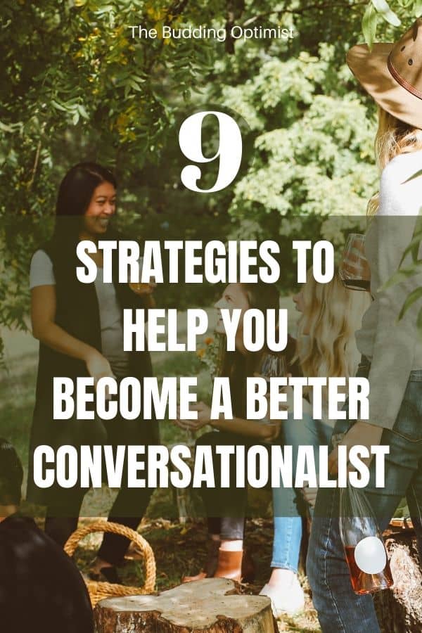 how to become a better conversationalist Pinterest image of a group of people talking at a park
