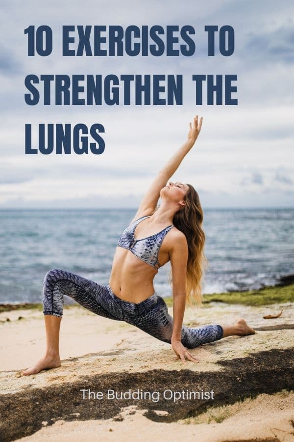 Lung exercises Pinterest image woman doing yoga by the sea