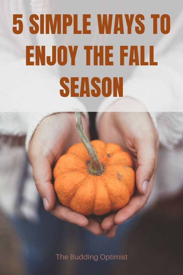 I love fall Pinterest image a woman holding a small pumpkin in her hands